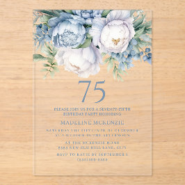 Invitaciones Acrílicas Elegante Dusty Blue Floral Blanca 75º cumpleaños