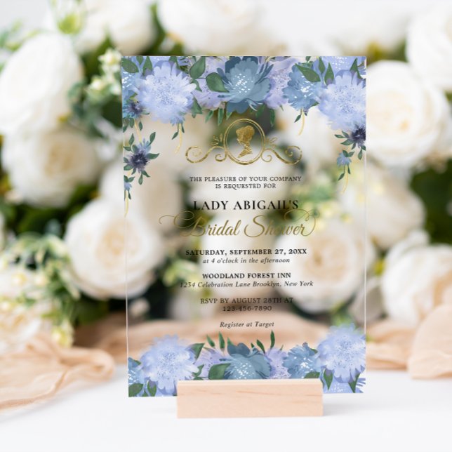 Invitaciones Acrílicas Elegante Dusty Blue Floral Victoriana Bridal Showe (Subido por el creador)