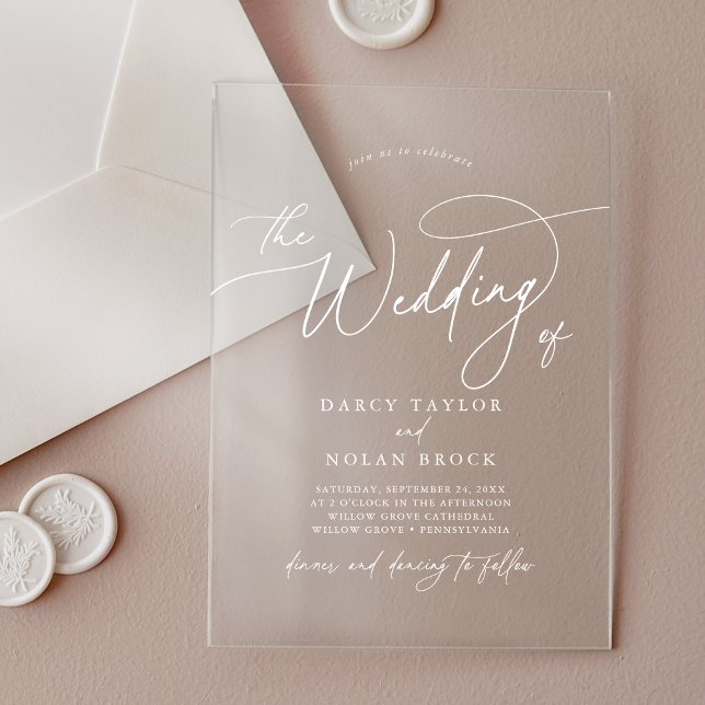 Invitaciones Acrílicas Elegante encanto blanco simple Boho Boda moderno (Elegant Charm White Simple Boho Modern Wedding Acrylic Invitations)