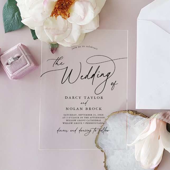 Invitaciones Acrílicas Elegante encanto negro simple Boho Boda moderno (Elegant Charm Black Simple Boho Modern Wedding Acrylic Invitations)