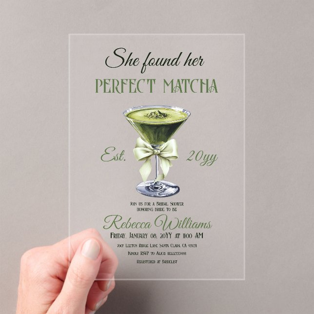 Invitaciones Acrílicas Elegante, Encontró Su Ducha Bridal Matcha Perfecta (Insitu (portátil))
