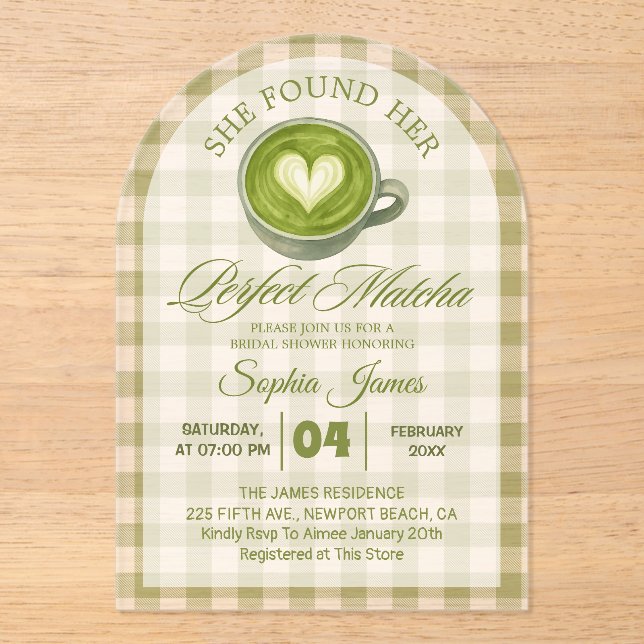 Invitaciones Acrílicas Elegante, Encontró Su Ducha Bridal Matcha Perfecta (Anverso)