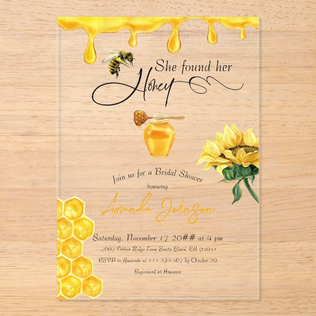 Invitaciones Acrílicas Elegante, Encontró Su Ducha De Novias De Abeja (Anverso)