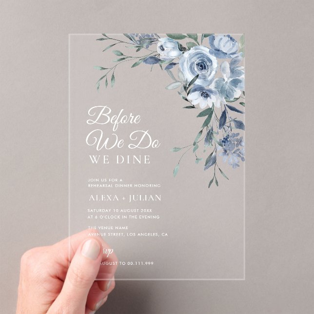 Invitaciones Acrílicas Elegante ensayo boda floral azul polvoriento (Insitu (portátil))