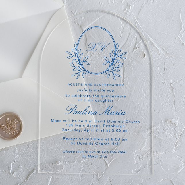 Invitaciones Acrílicas Elegante Escudo Azul Formal Quinceañera (Subido por el creador)
