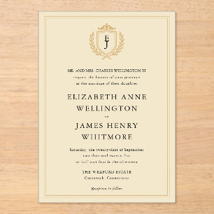 Invitaciones Acrílicas Elegante Escudo de Dinero Antiguo - Boda de Marfil