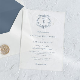 Invitaciones Acrílicas Elegante Escudo de Floral Azul Dusty Monograma Bod