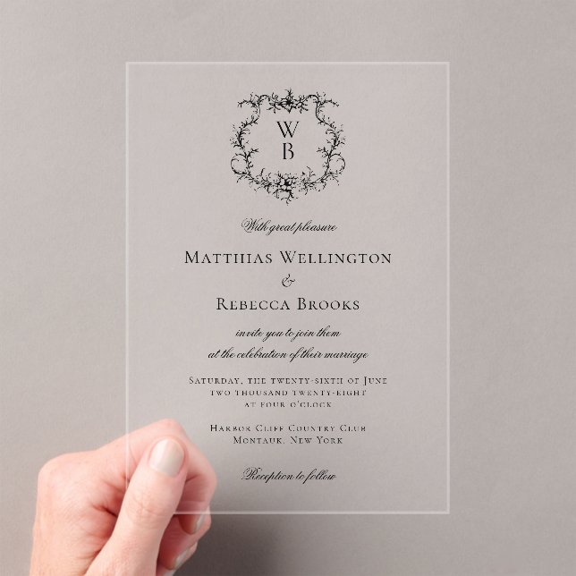 Invitaciones Acrílicas Elegante Escudo floral clásico Boda Monograma (Insitu (portátil))