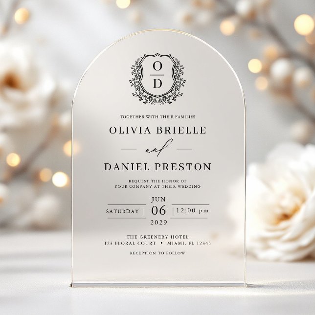 Invitaciones Acrílicas Elegante Escudo floral Monograma Boda Elegante (Subido por el creador)