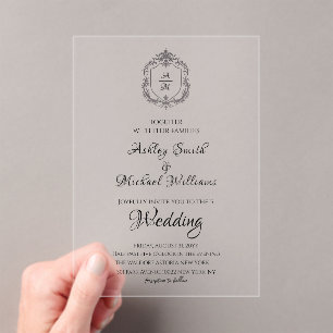 Invitaciones Acrílicas Elegante Escudo Minimalista Monograma Formal Boda