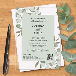 Invitaciones Acrílicas Elegante Eucalipto Boda Moderna Código QR