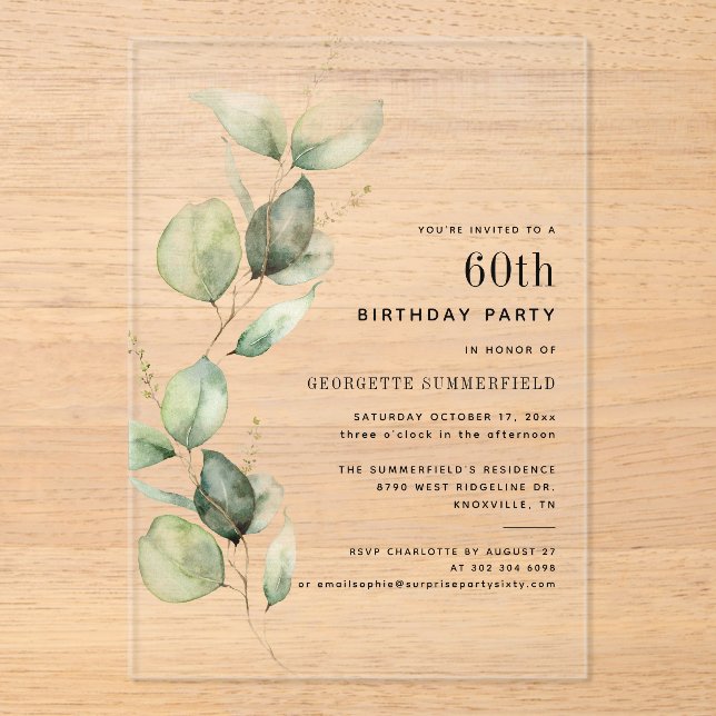 Invitaciones Acrílicas Elegante Eucalipto Fiesta de Cumpleaños 60 (Anverso)