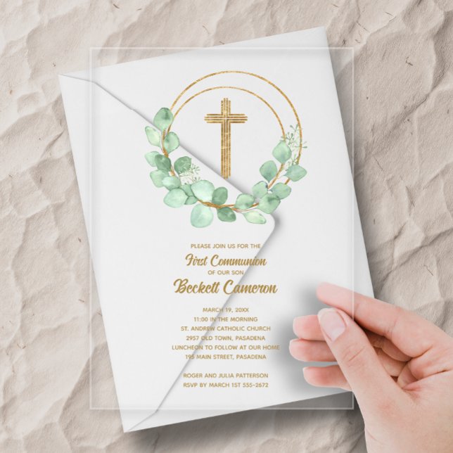 Invitaciones Acrílicas Elegante Eucalipto Primera Comunidad (Elegant eucalyptus and gold cross first holy communion clear acrylic invitations)