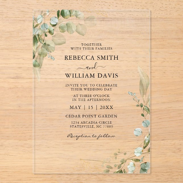 Invitaciones Acrílicas Elegante Eucalyptus Greenery Boda (Anverso)