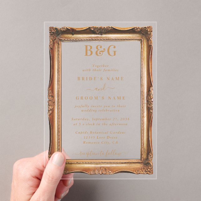 Invitaciones Acrílicas Elegante Faux Gold Frame Monograma Boda transparen (Insitu (portátil))