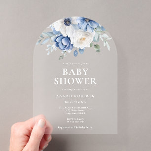 Invitaciones Acrílicas Elegante Fiesta de Bebé de Invierno Floral Azul Po