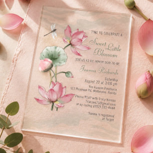 Invitaciones Acrílicas Elegante Fiesta de Bebé Flor de Loto en Acuarela