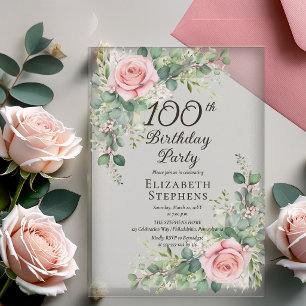 Invitaciones Acrílicas Elegante fiesta de cumpleaños 100 con rosa blush y