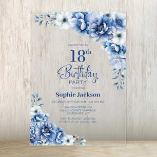 Invitaciones Acrílicas Elegante fiesta de cumpleaños 18 de Blue Floral