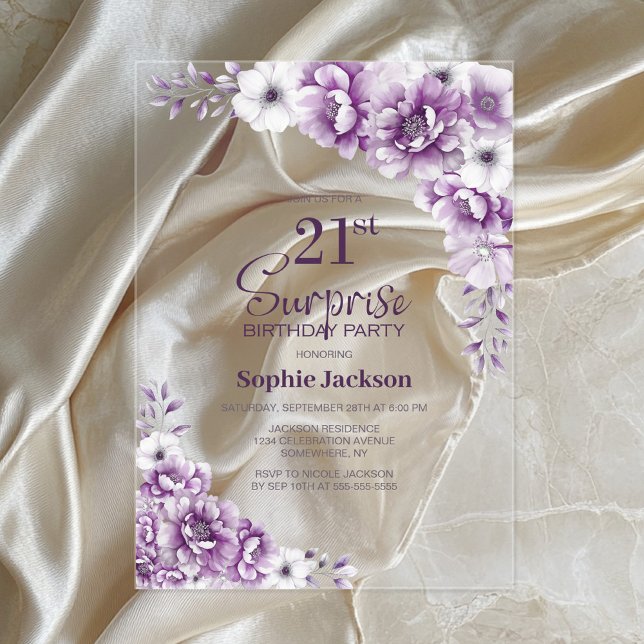 Invitaciones Acrílicas Elegante Fiesta de cumpleaños 21ª sorpresa floral  (Subido por el creador)