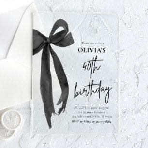Invitaciones Acrílicas Elegante Fiesta de Cumpleaños 40 con Lazo Negro al