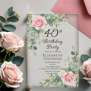 Invitaciones Acrílicas Elegante fiesta de cumpleaños 40 con rosa y eucali