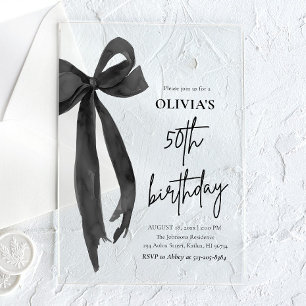 Invitaciones Acrílicas Elegante Fiesta de Cumpleaños 50 con Lazo Negro al