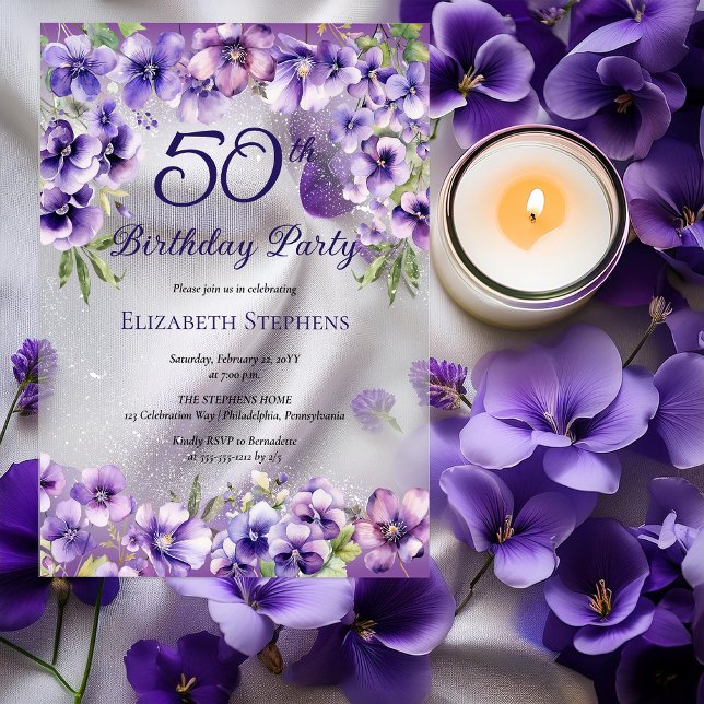 Invitaciones Acrílicas Elegante fiesta de cumpleaños 50 de violetas púrpu (Elegant Purple Violets Floral 50th Birthday Party Acrylic Invitations)