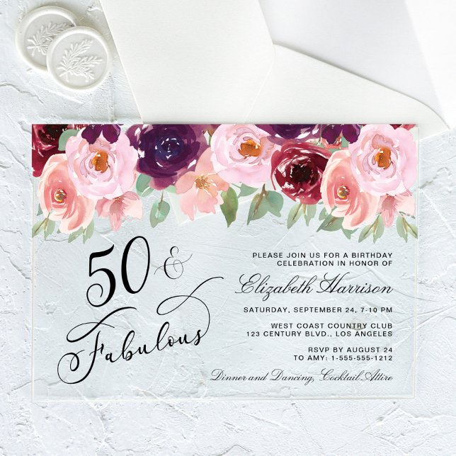 Invitaciones Acrílicas Elegante fiesta de cumpleaños 50 del Borgoña Rosa  (Subido por el creador)
