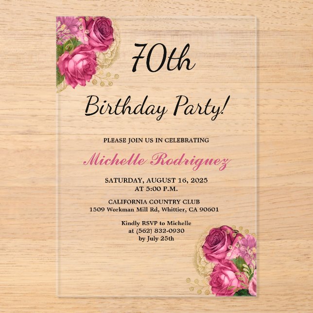 Invitaciones Acrílicas Elegante fiesta de cumpleaños 70 con flores de ros (Anverso)