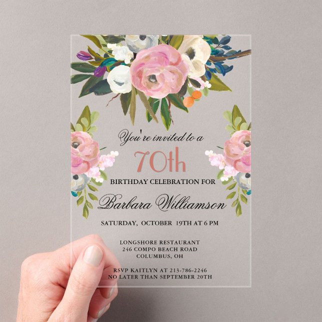 Invitaciones Acrílicas Elegante Fiesta de Cumpleaños 70 con Flores Pintad (Subido por el creador)