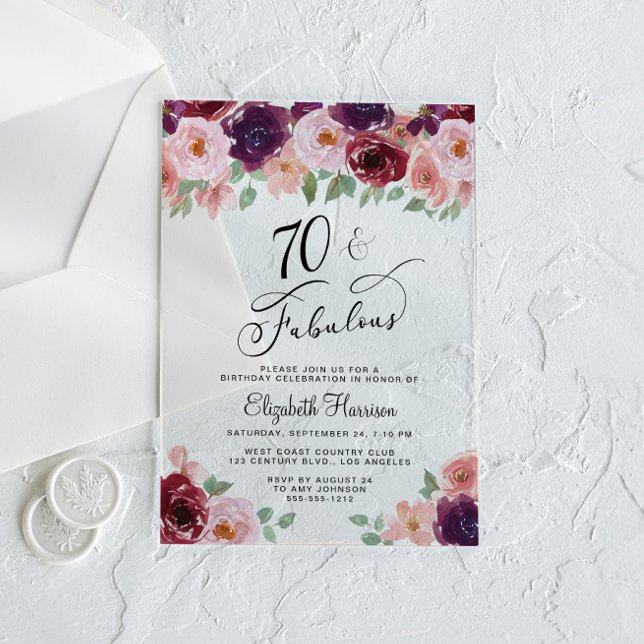 Invitaciones Acrílicas Elegante fiesta de cumpleaños 70 de Floral (Subido por el creador)