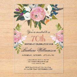 Invitaciones Acrílicas Elegante fiesta de cumpleaños 70 floral pintada a 