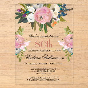 Invitaciones Acrílicas Elegante Fiesta de Cumpleaños 80 con Flores Pintad