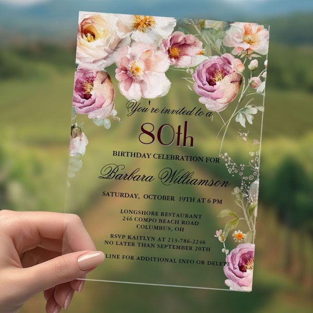 Invitaciones Acrílicas Elegante fiesta de cumpleaños 80 de Flora Silvestr (Subido por el creador)