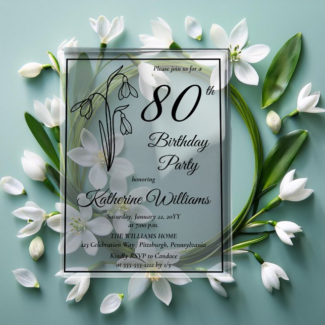 Invitaciones Acrílicas Elegante fiesta de cumpleaños 80 de Snowdrops  (Elegant Snowdrops 80th Birthday Party Acrylic Invitations)