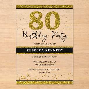 Invitaciones Acrílicas Elegante fiesta de cumpleaños 80 negro y dorado co