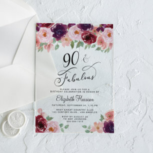 Invitaciones Acrílicas Elegante fiesta de cumpleaños 90 de Floral
