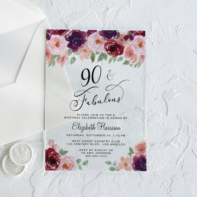 Invitaciones Acrílicas Elegante fiesta de cumpleaños 90 de Floral (Subido por el creador)