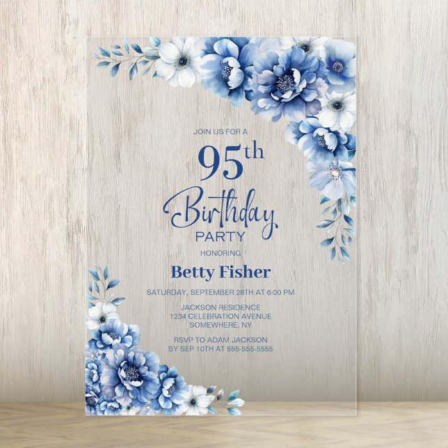 Invitaciones Acrílicas Elegante fiesta de cumpleaños 95 de Blue Floral (Subido por el creador)