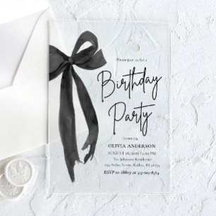 Invitaciones Acrílicas Elegante Fiesta de Cumpleaños con Lazo Negro en Ac