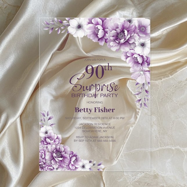 Invitaciones Acrílicas Elegante fiesta de cumpleaños de Floral Rosa Sorpr (Subido por el creador)