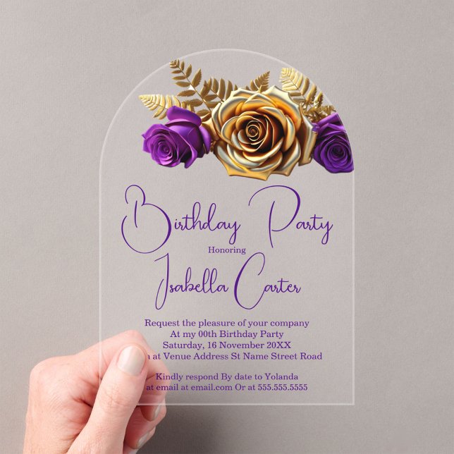 Invitaciones Acrílicas Elegante fiesta de cumpleaños Flores de oro morado (Subido por el creador)