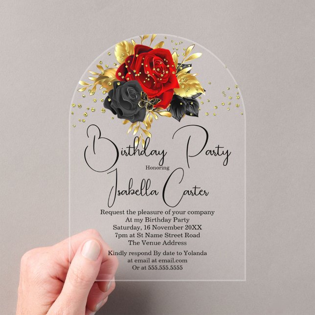 Invitaciones Acrílicas Elegante fiesta de cumpleaños flores rojas doradas (Subido por el creador)