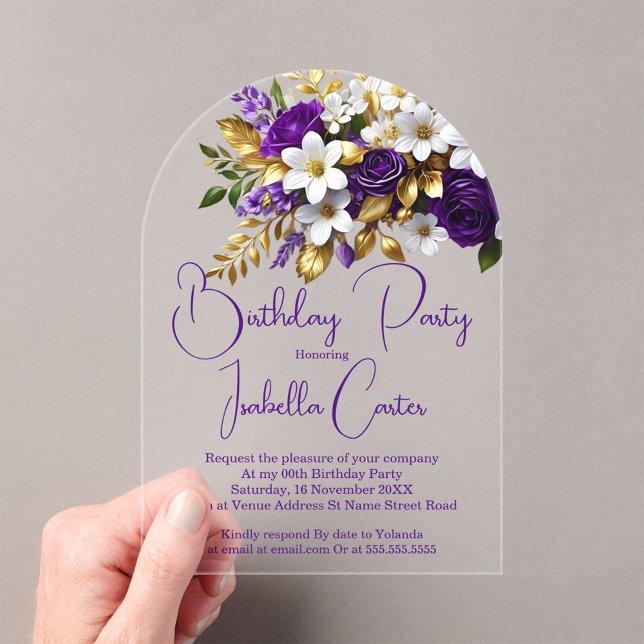 Invitaciones Acrílicas Elegante fiesta de cumpleaños Morado Floral de oro (Subido por el creador)