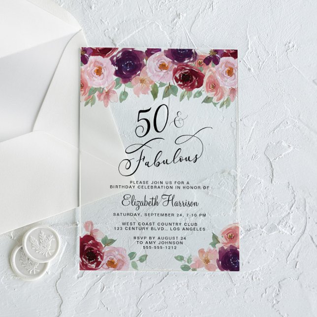 Invitaciones Acrílicas Elegante fiesta de cumpleaños número 50 de Floral (Subido por el creador)