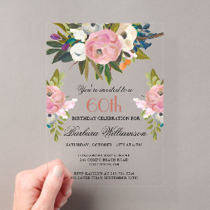 Invitaciones Acrílicas Elegante fiesta de cumpleaños número 60 con flores