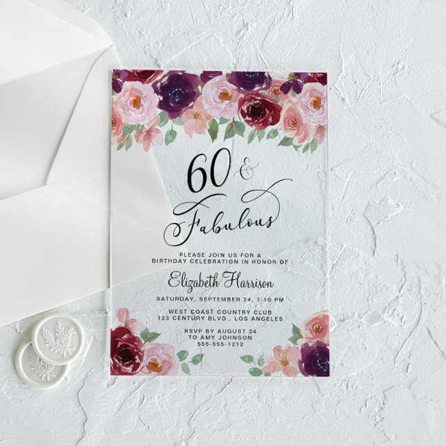 Invitaciones Acrílicas Elegante fiesta de cumpleaños número 60 de Floral (Subido por el creador)