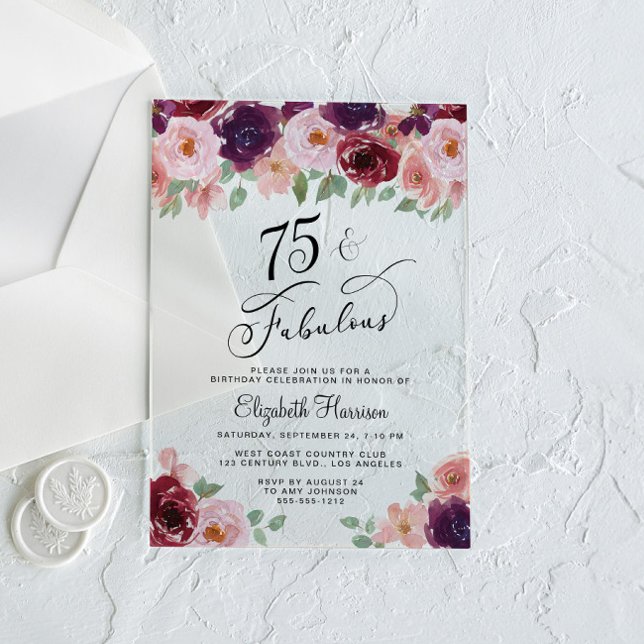 Invitaciones Acrílicas Elegante fiesta de cumpleaños número 75 de Floral (Subido por el creador)