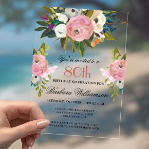 Invitaciones Acrílicas Elegante fiesta de cumpleaños número 80 con flores